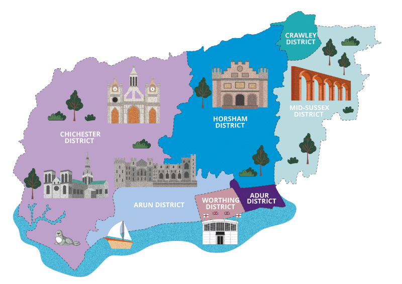 West Sussex map split by districts