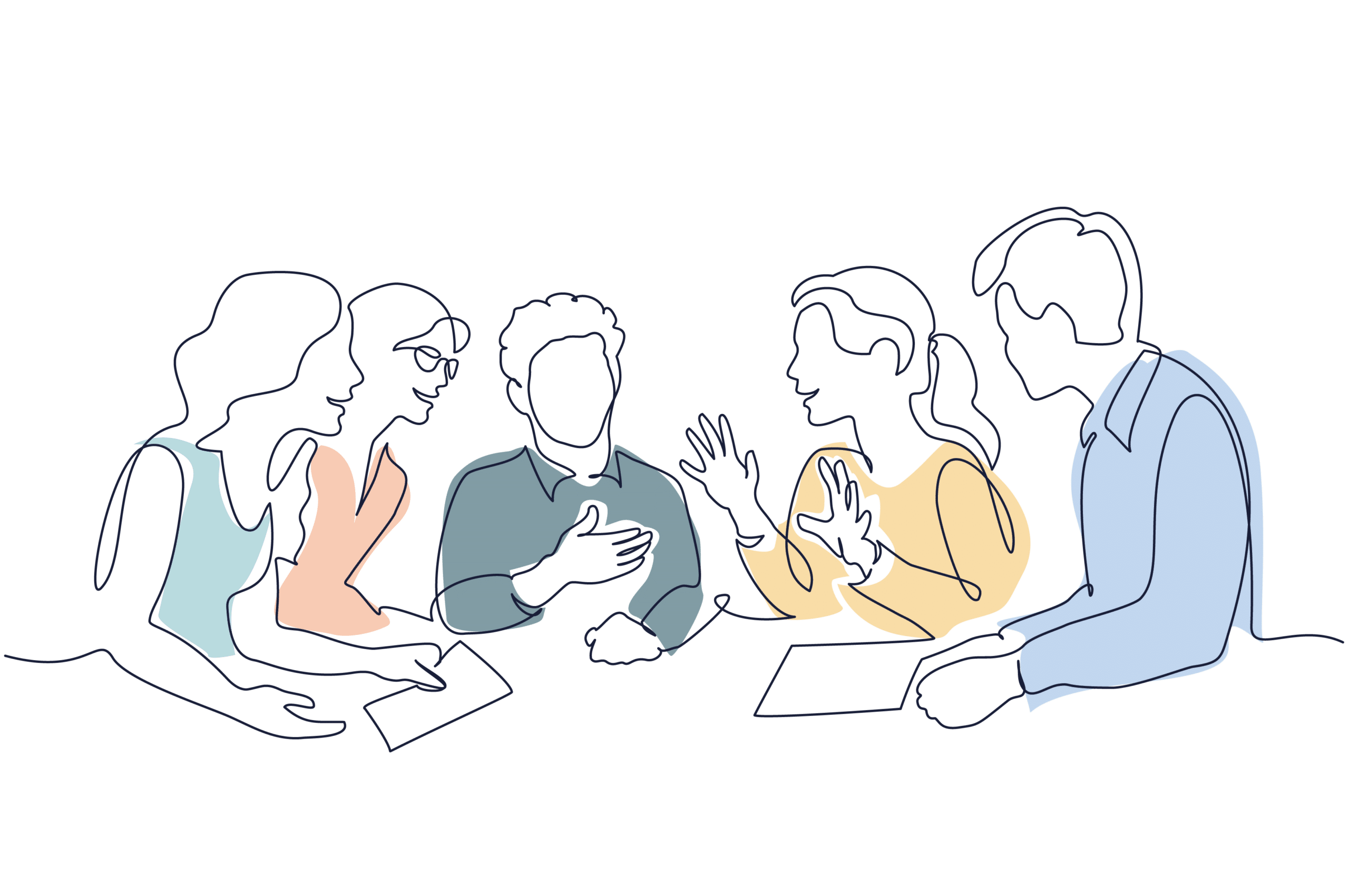 Line drawing - group around table having meeting